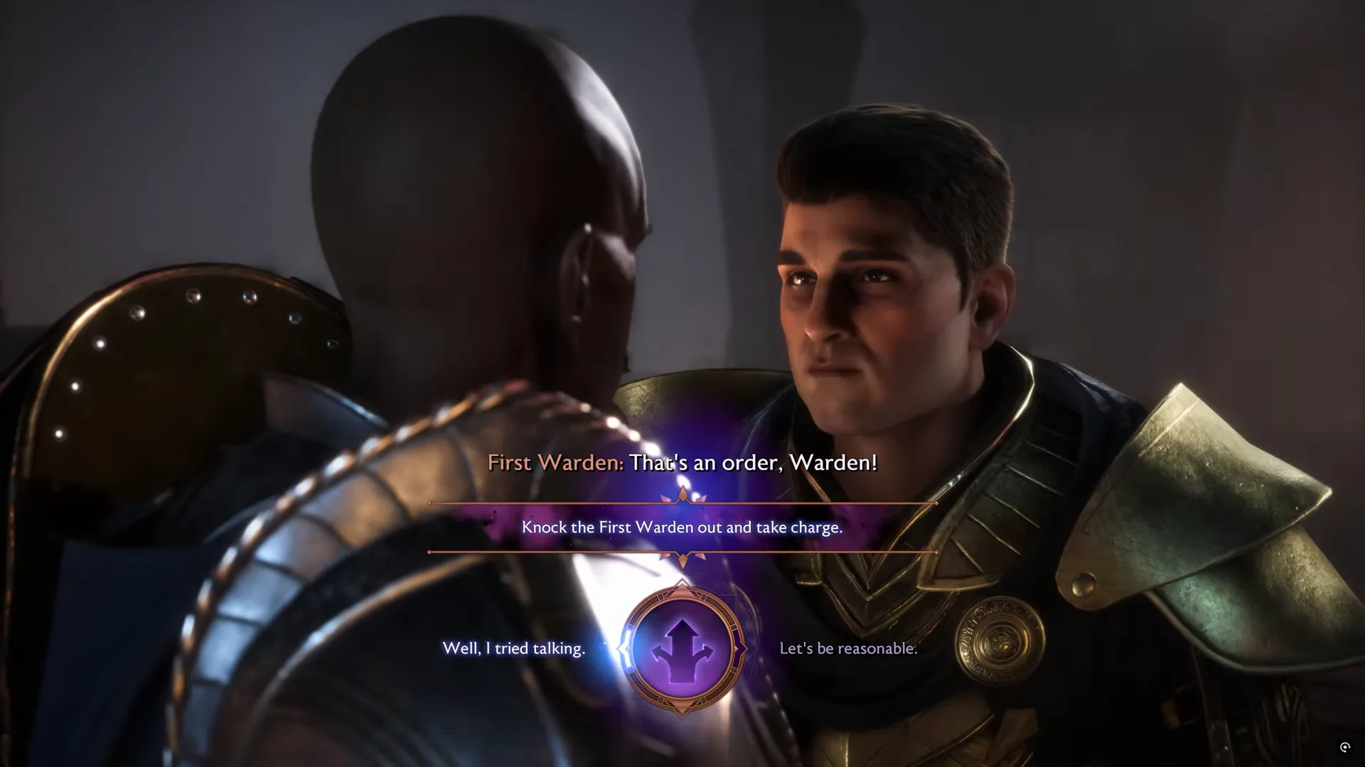 Dialogue screen showcasing character interactions in Dragon Age: The VeilGuard